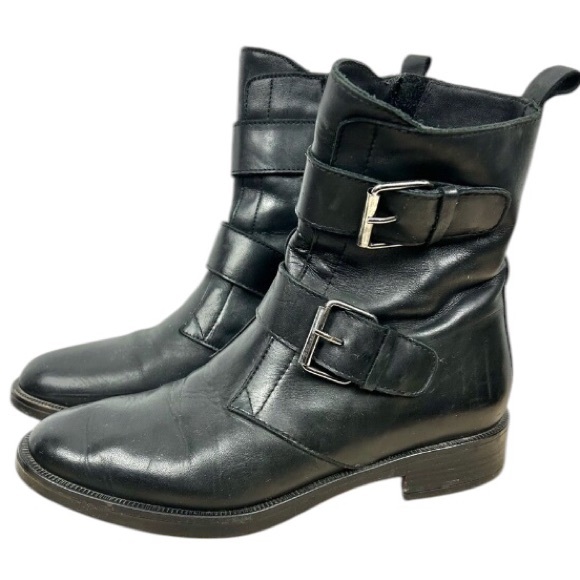 EMANUELE‎ CASTRO Black Leather Biker Buckle Almond Toe Boots Sz 37/7 - Picture 1 of 5